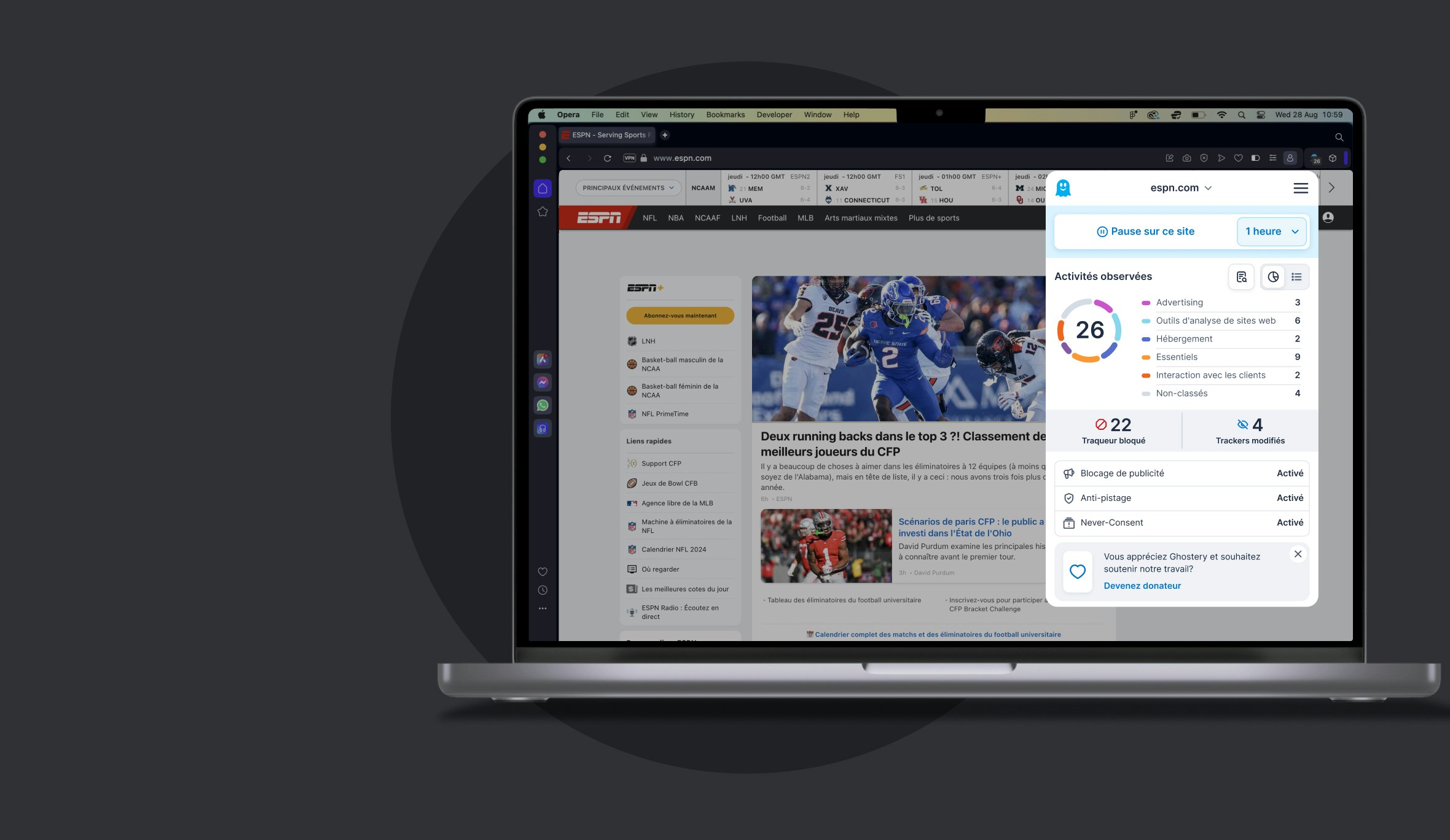 Ghostery installé dans Edge affichant le panneau des paramètres Ghostery