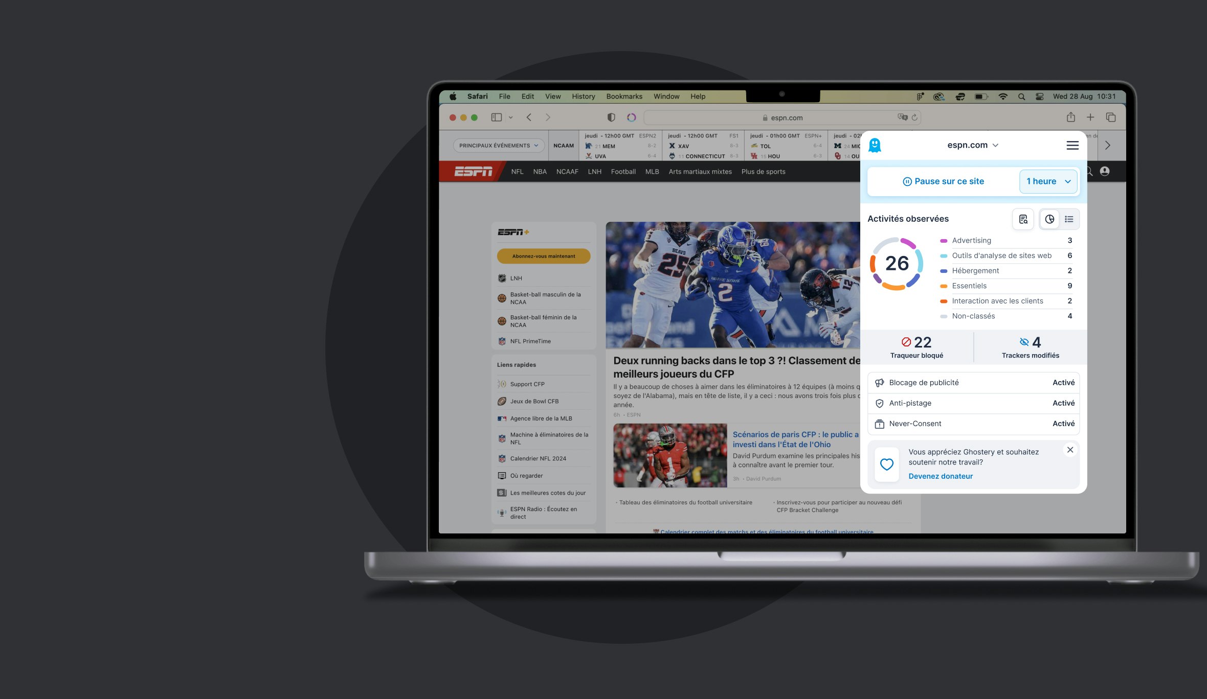 Ghostery installé dans Safari affichant le panneau des paramètres Ghostery