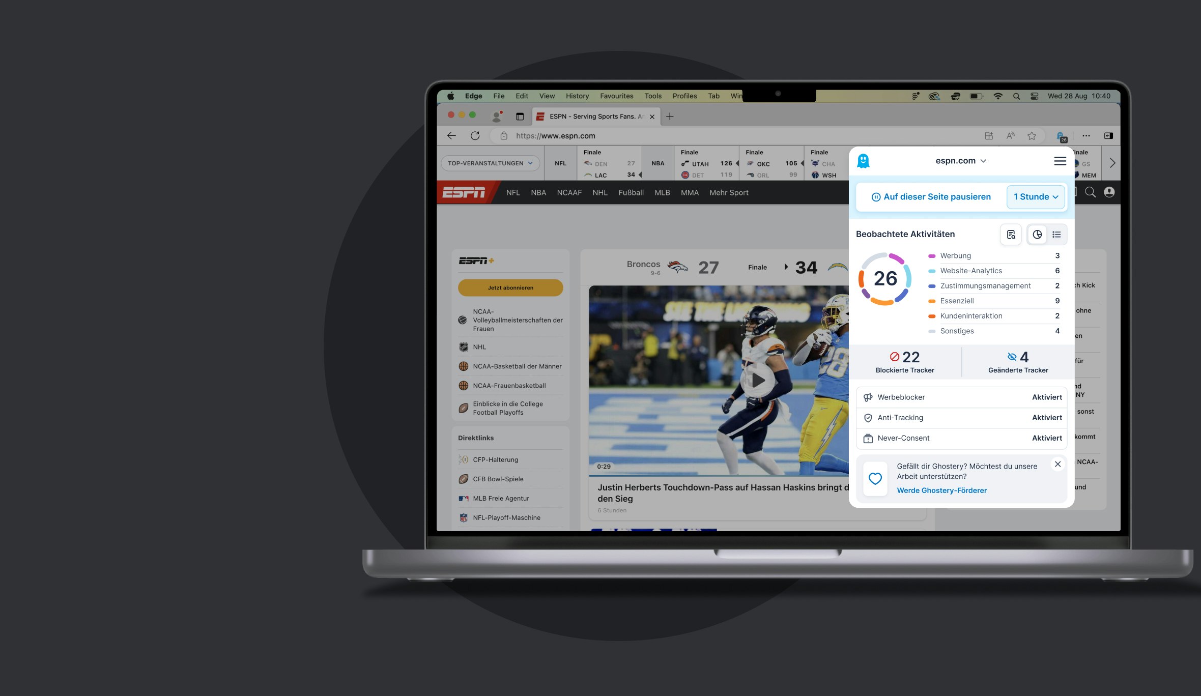 Ghostery im Edge Browser installiert, zeigt Ghostery Panel offen