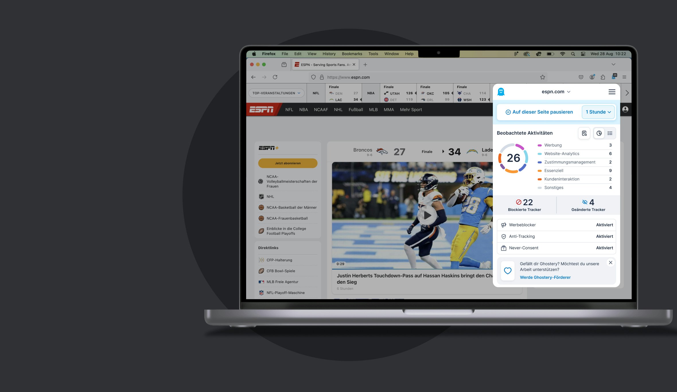 Ghostery im Firefox Browser installiert, zeigt Ghostery Panel offen