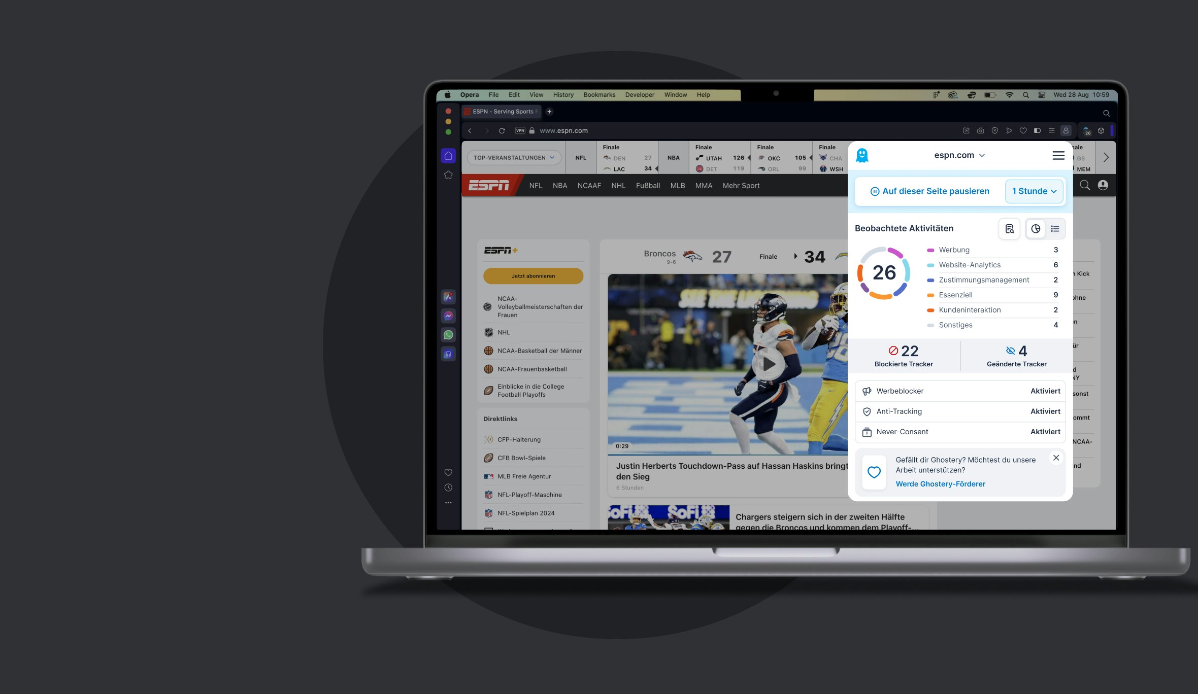 Ghostery im Opera Browser installiert, zeigt Ghostery Panel offen