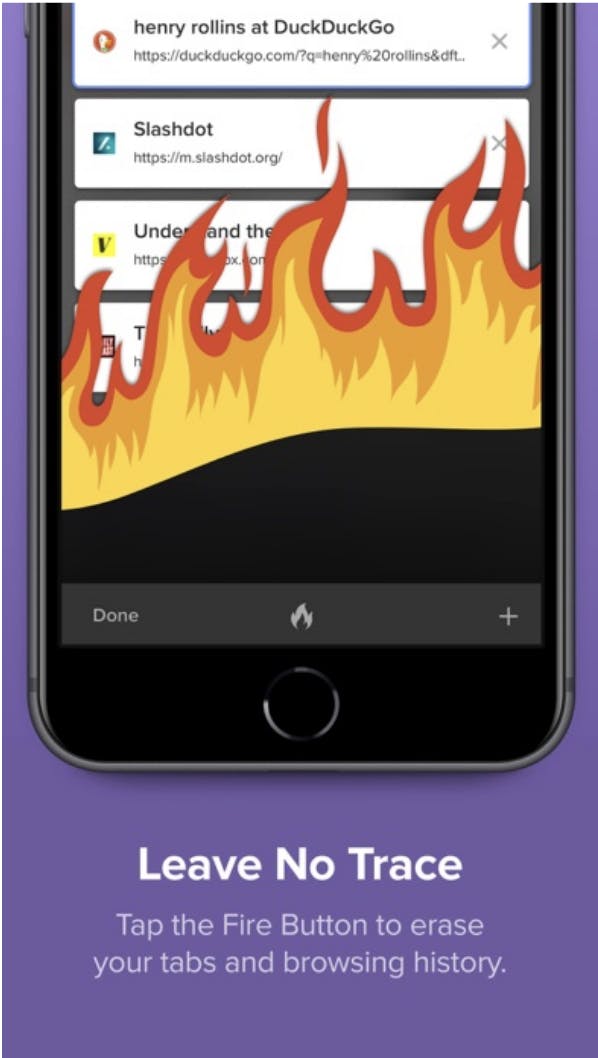Shows DuckDuckGo burn feature erasing tabs and browser history