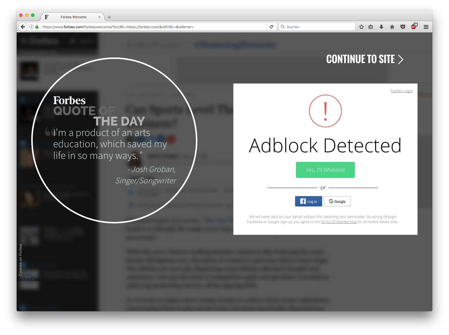 Figure 3: an example of an ad block wall encouraging users to whitelist trackers.