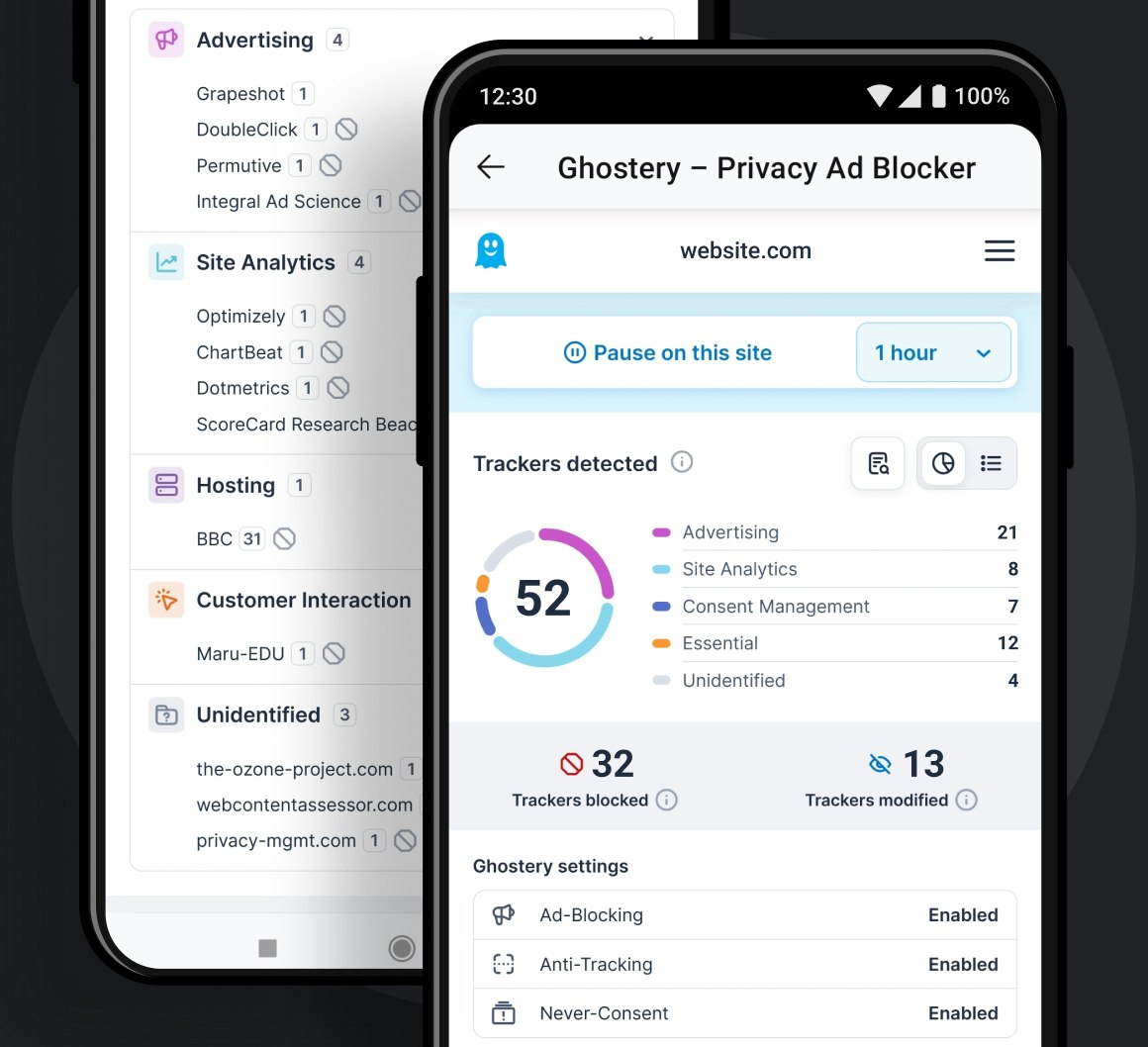 Android view of Ghostery Private Browser with open Tracker and Ad Blocker settings and website information