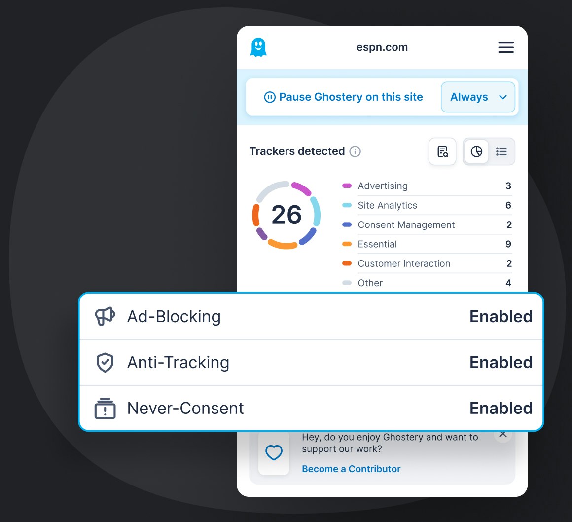 Ghostery Tracker & Ad Blocker panel detailed view displaying customization options