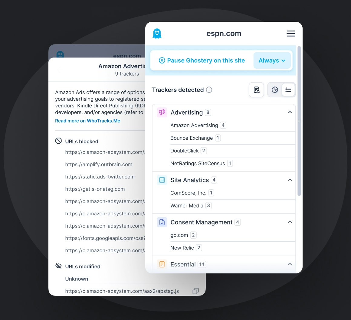 ad blocker for safari extension Ghostery Tracker & Ad Blocker UI in Safari browser displaying Ghostery detailed settings panel. Background displays whotracks.me data