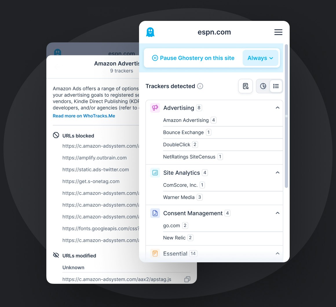 Ghostery Tracker & Ad Blocker panel detailed view displaying customization options