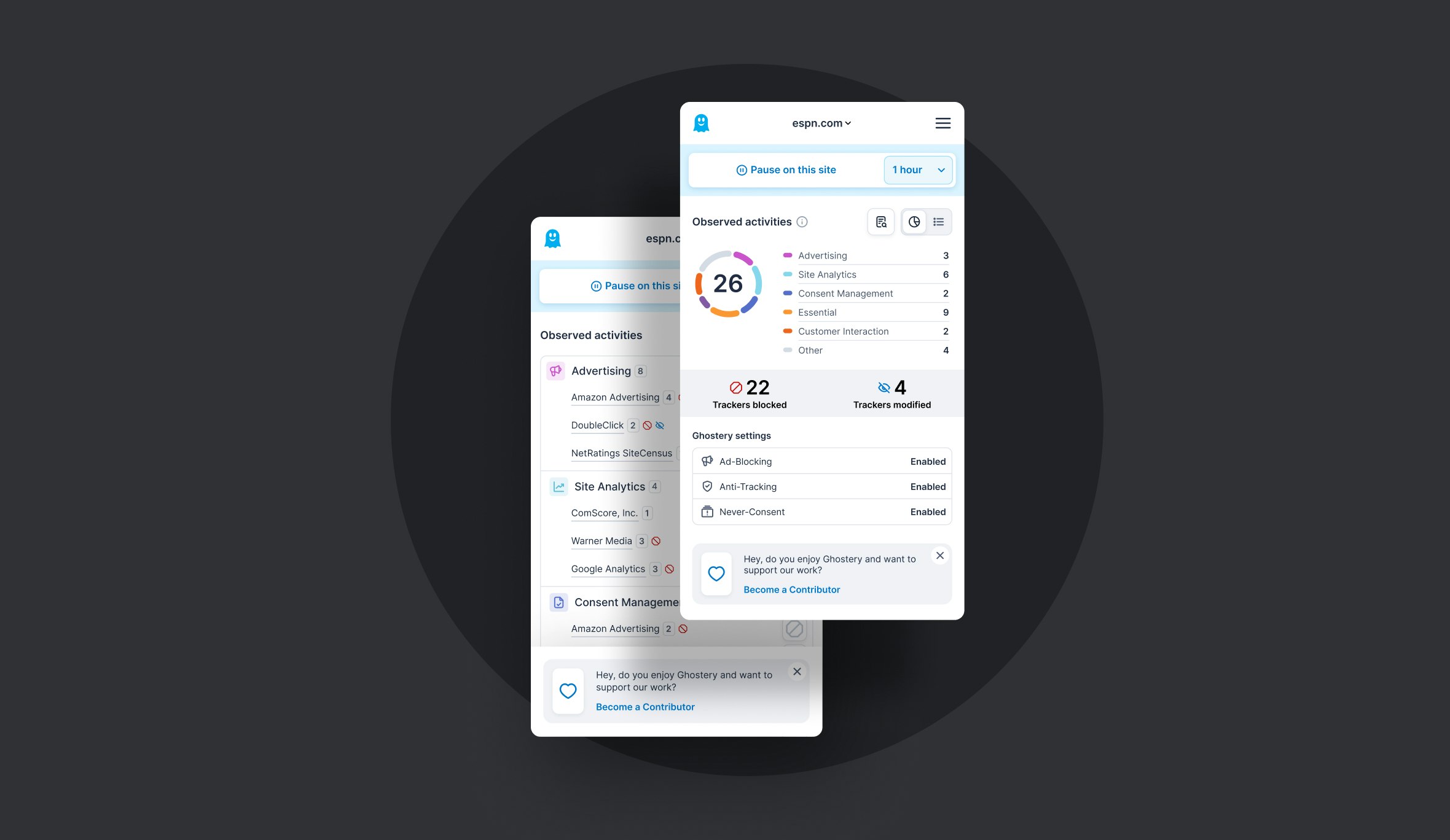 Ghostery Tracker & Ad Blocker panel displaying simple and detailed settings view