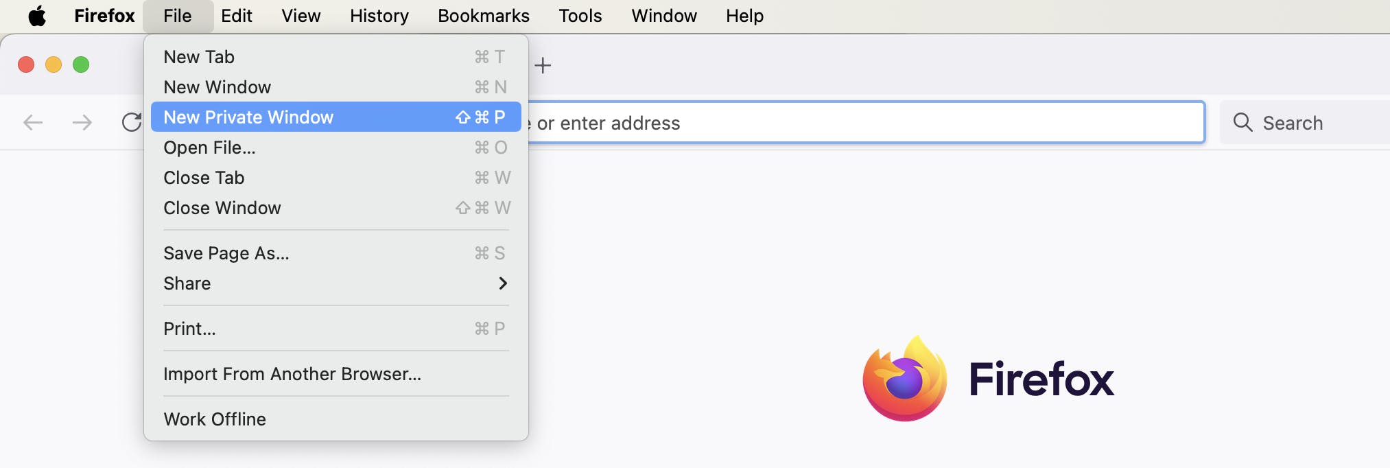 Opening a new private browsing window from the menu in Firefox for MacOS Sonoma