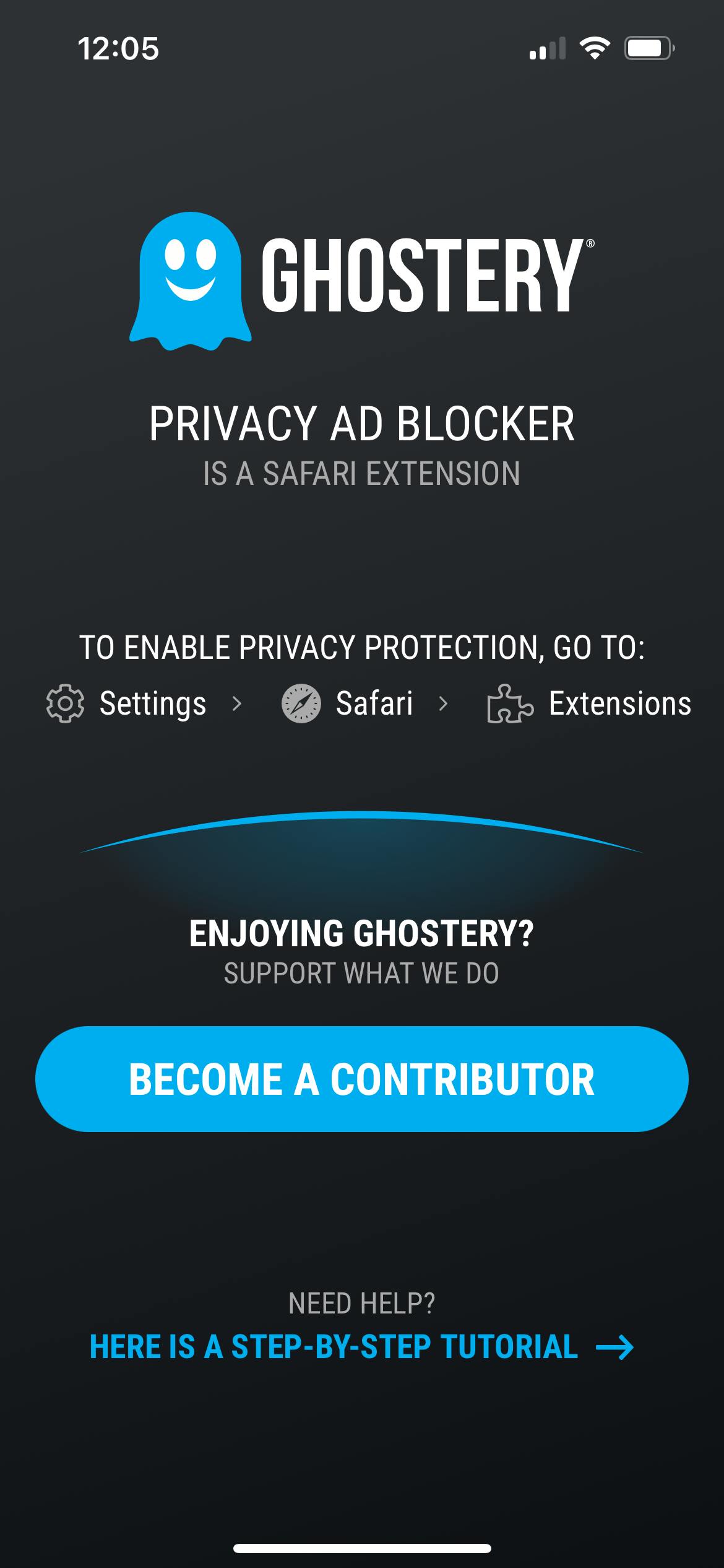 Open Ghostery Privacy Ad Blocker welcome screen after download on iPhone 13 Pro