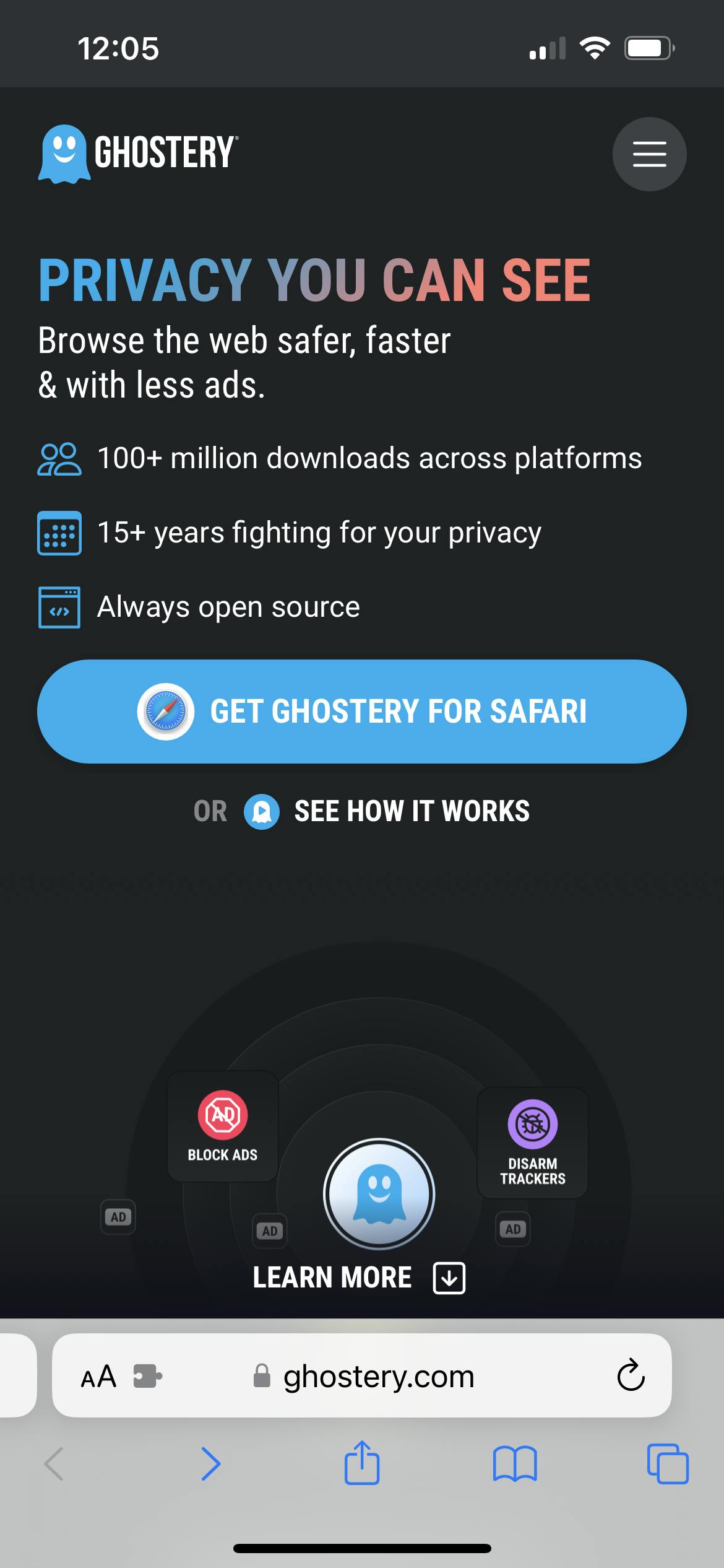 Open Ghostery.com in Safari browser on iPhone 13 Pro displaying download button for Adblocker
