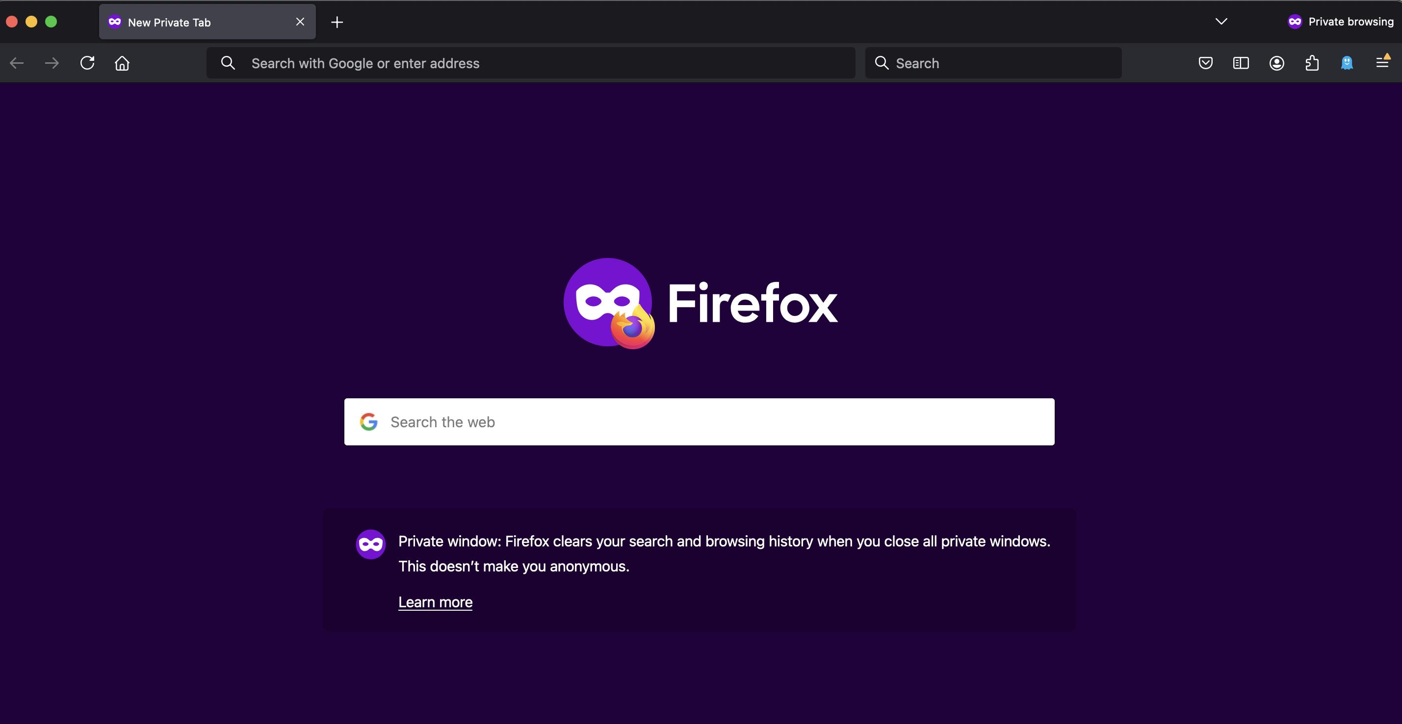 A private window in Firefox browser opened on a Mac