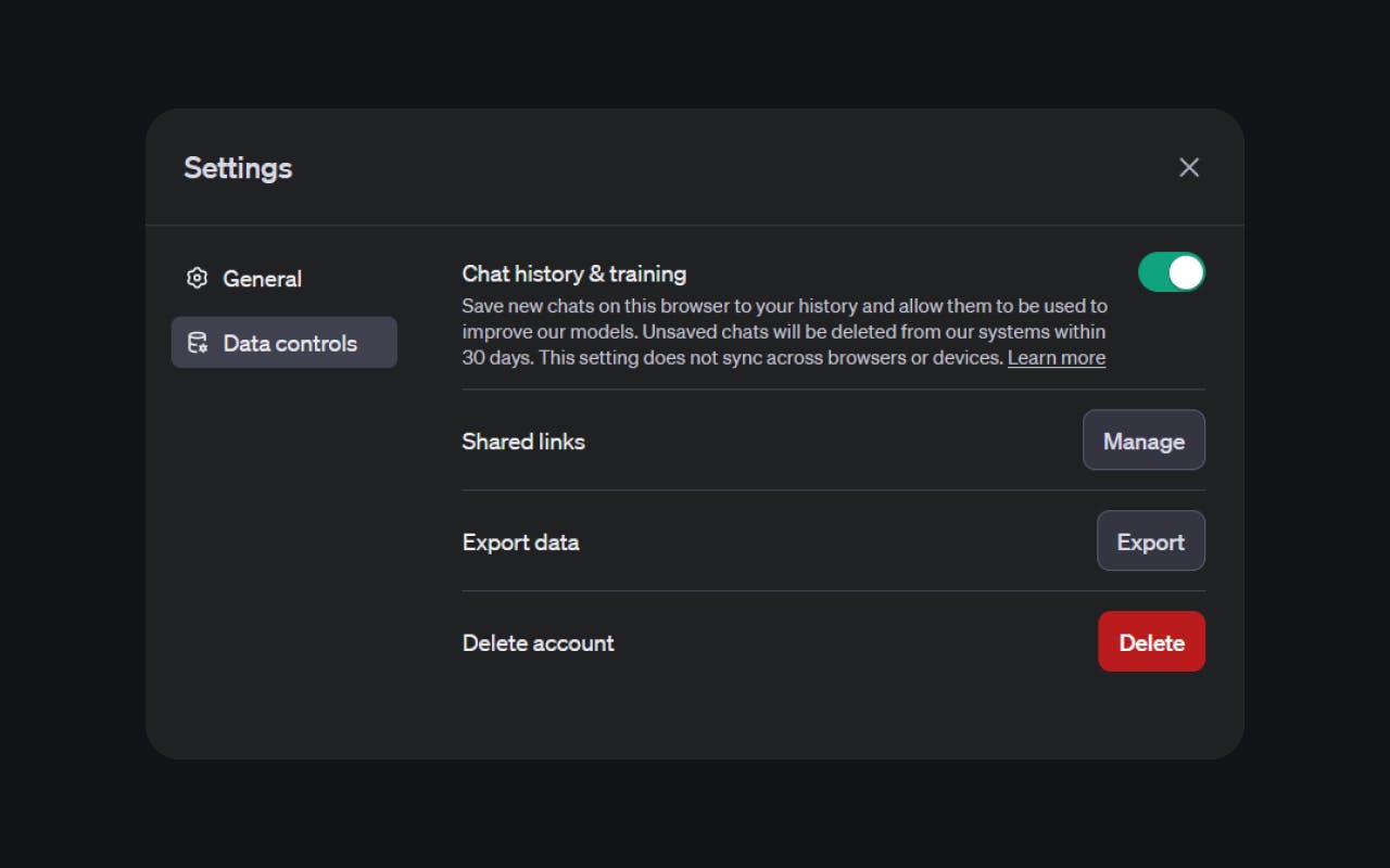 Screenshot of ChatGPT settings.