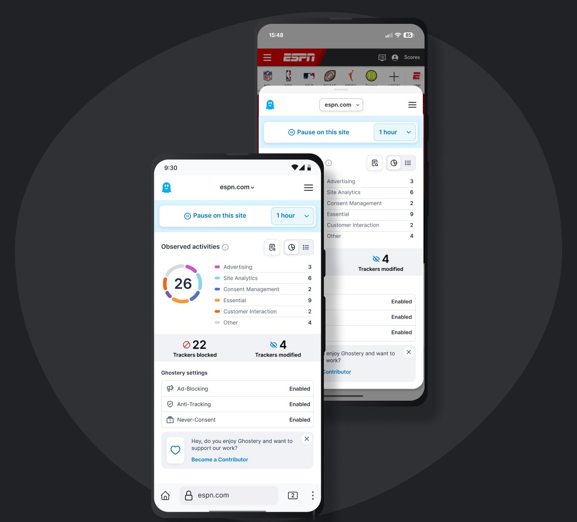 Ghostery Tracker & Ad Blocker panel for Firefox and Edge mobile displaying observed activities on visited page