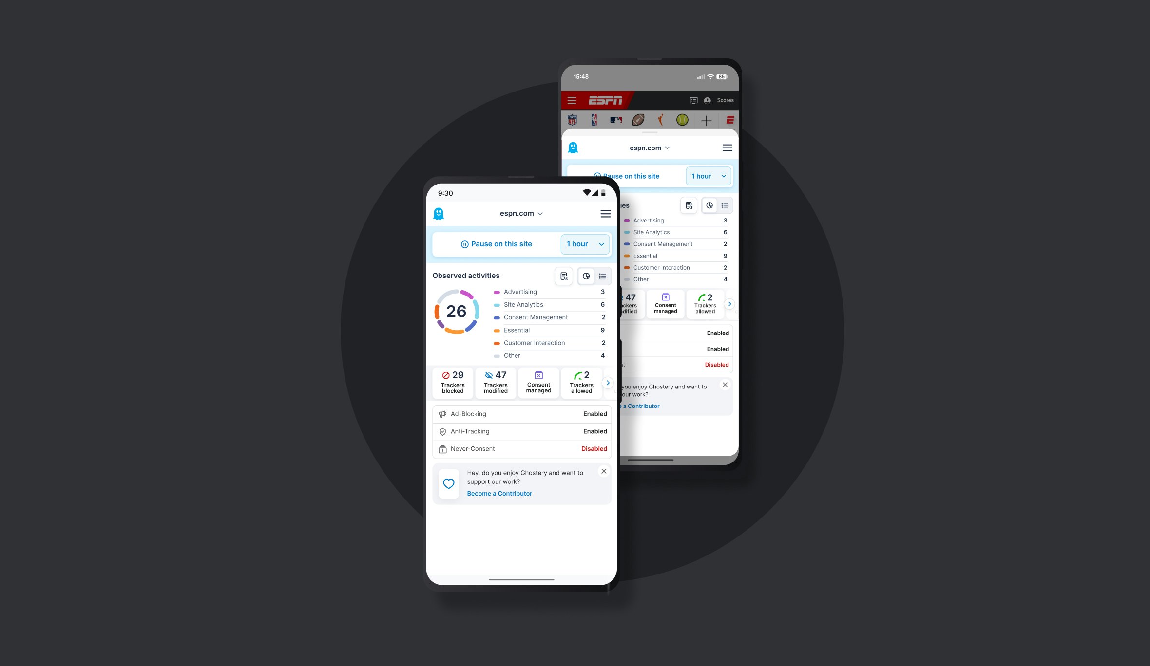 Ghostery Tracker & Ad Blocker panel displaying simple and detailed settings view