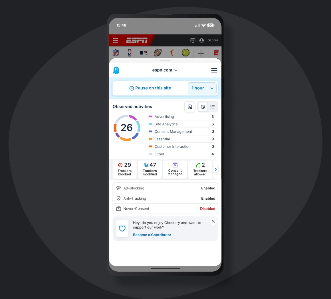 Ghostery Tracker & Ad Blocker panel for Edge mobile displaying tracker data on visited website