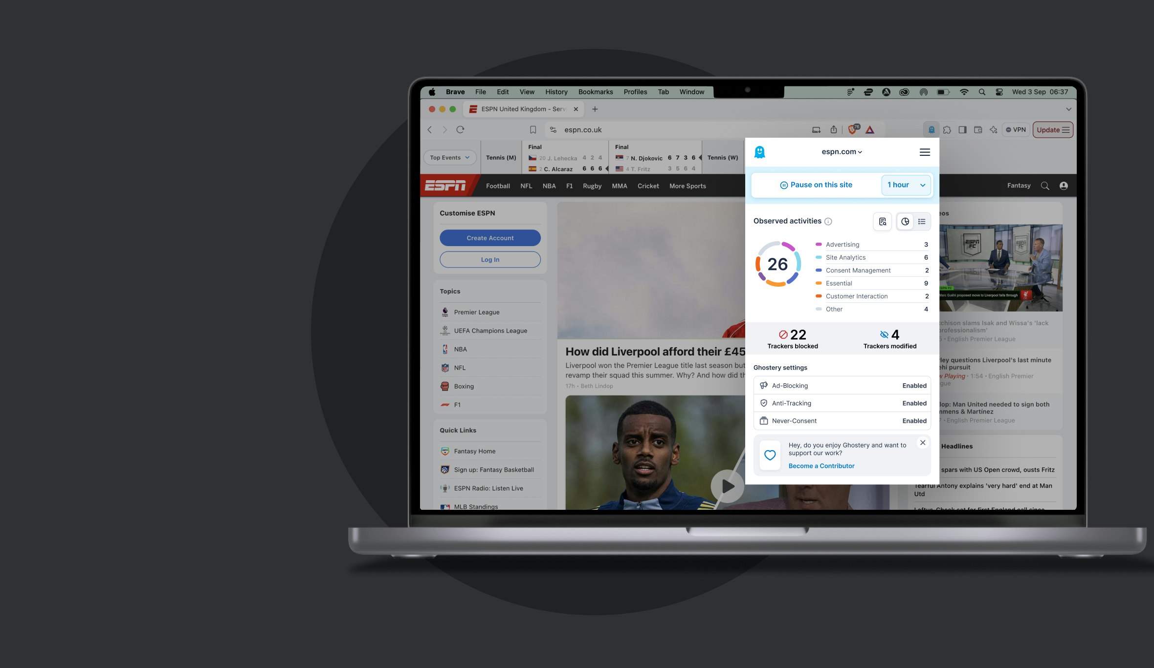 Ghostery Tracker & Ad Blocker installed in Brave browser displaying Ghostery settings panel