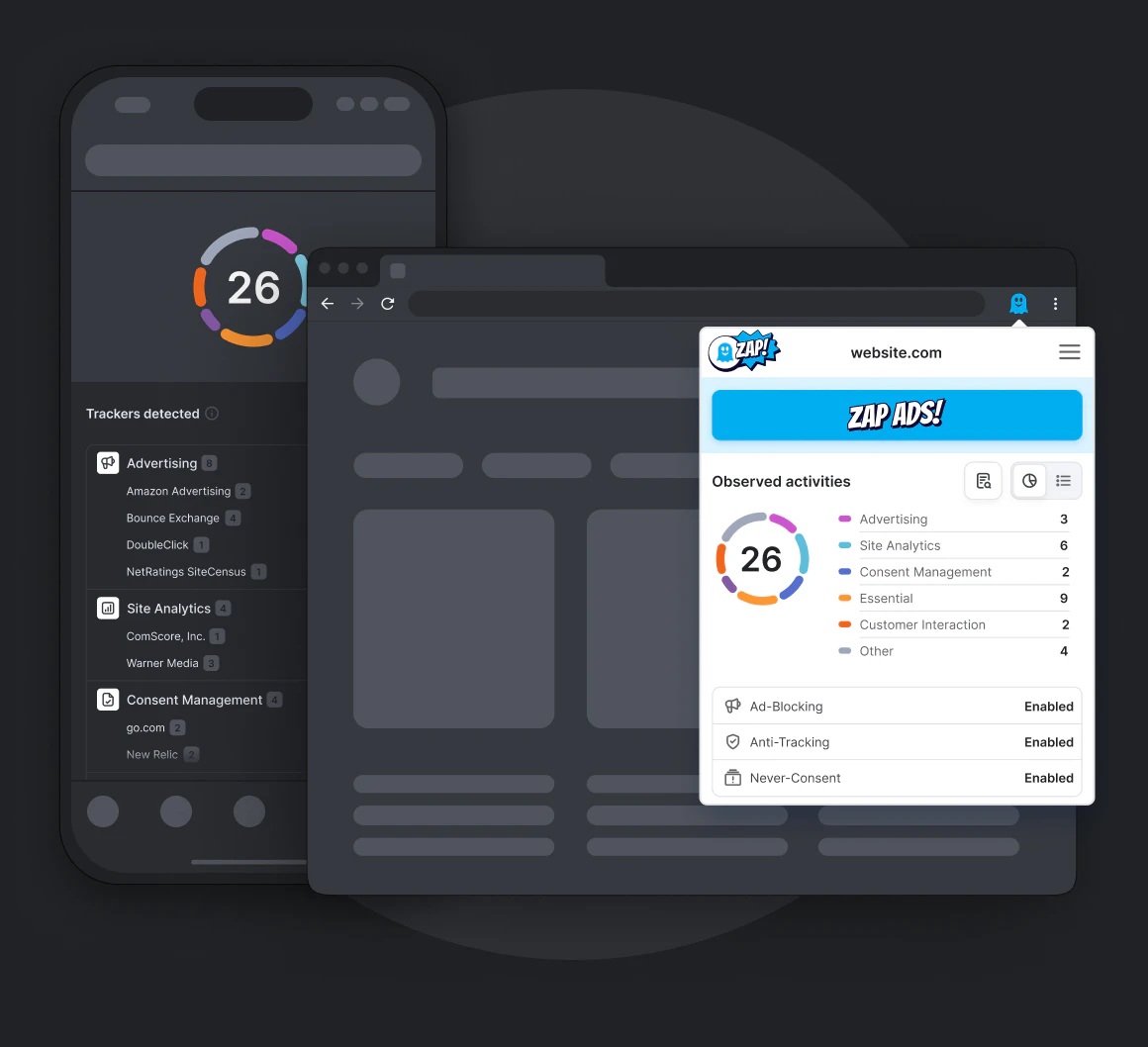 A sleek digital illustration showcasing a privacy tool named Ghostery Zap! across mobile and desktop interfaces, displaying a dashboard that has detected and blocked 26 trackers categorized by advertising, analytics, and consent management.