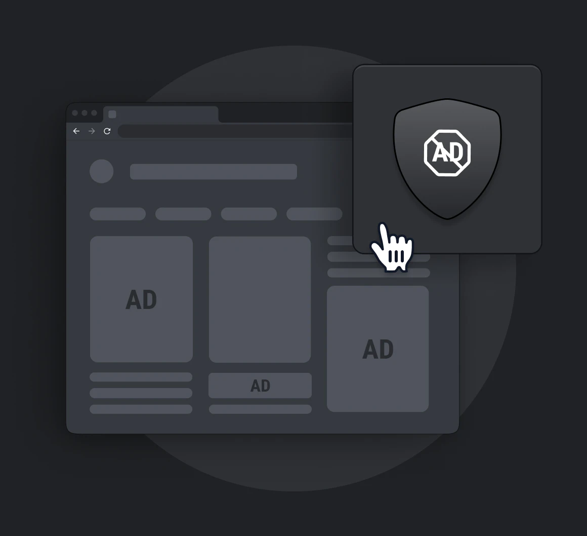 Illustration of a web browser page with multiple placeholder ad blocks labeled “AD.” In the foreground, a hand cursor clicks on a shield icon with “AD” inside it, representing an ad-blocking or protection feature being activated.