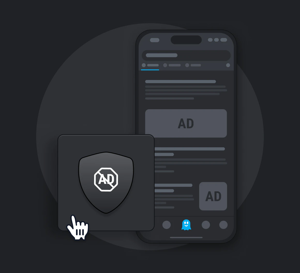 Illustration of a smartphone displaying a webpage with several sections labeled “AD.” In the foreground, a hand cursor clicks on a shield icon containing “AD,” symbolizing activation of an ad-blocking or protection feature on a mobile device.