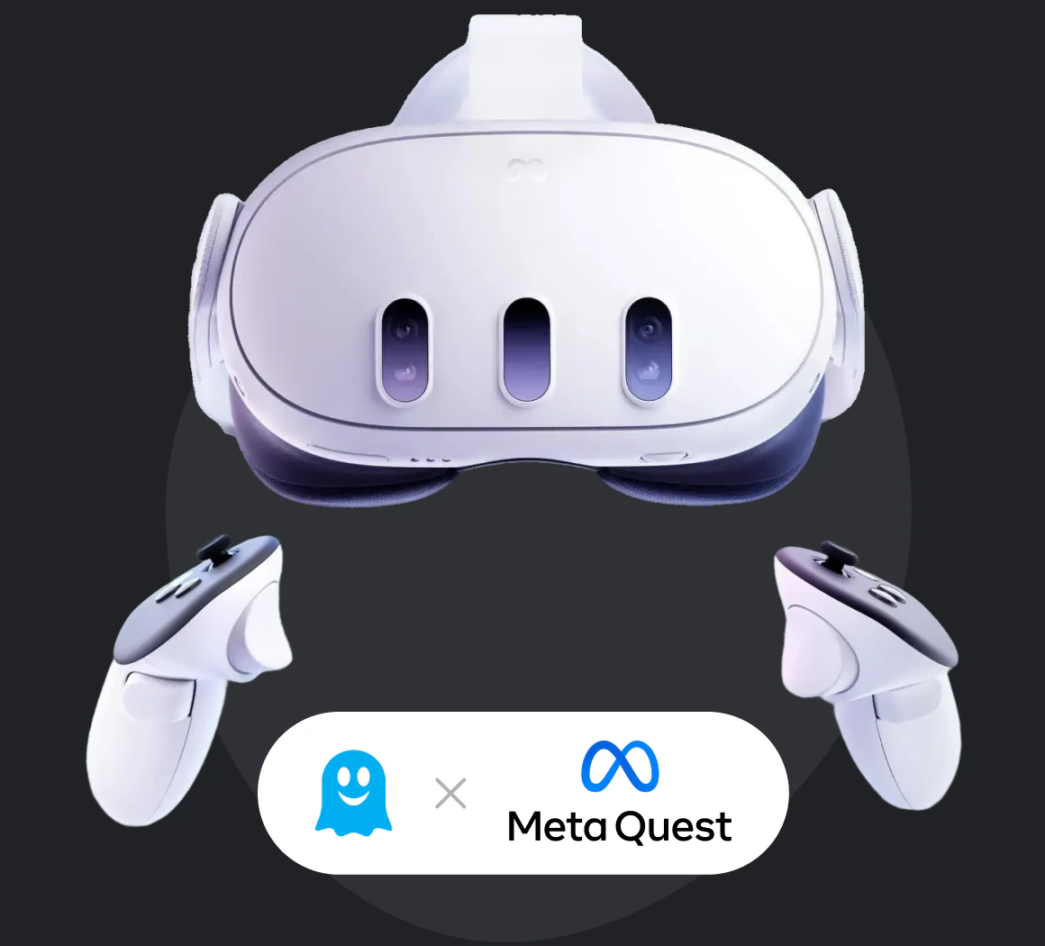 Ghostery for Meta Quest illustration showing a Meta Quest VR headset and controllers on a dark background