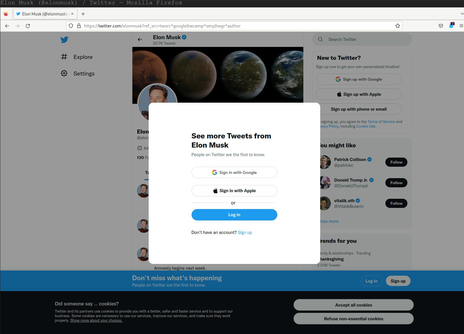 Twitter feed showing log in form 