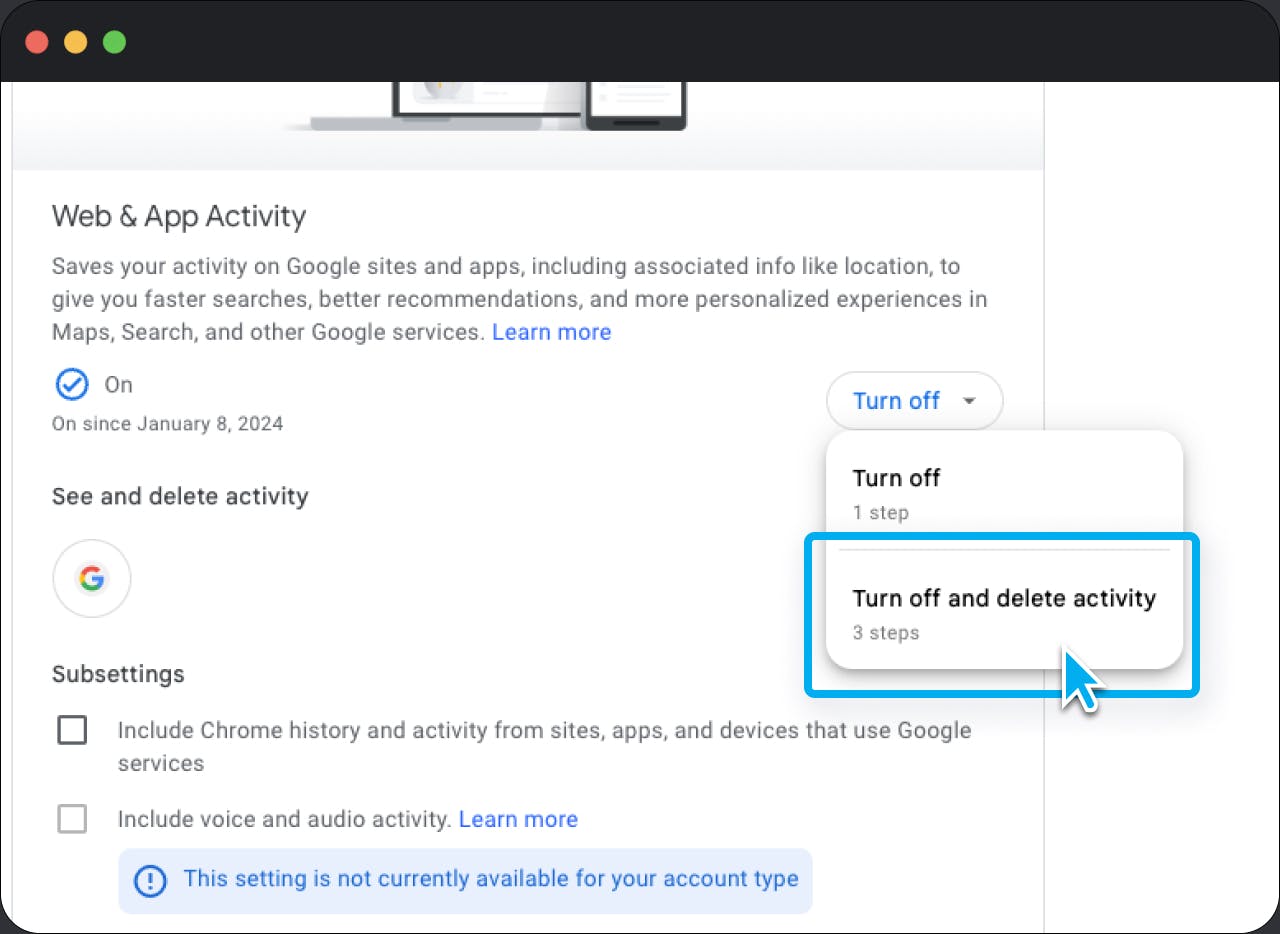 Image showing how to stop or pause Google from saving your search history and activity, step 2