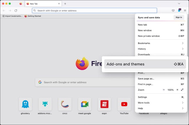 Firefox browser menu open