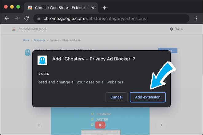 Window to add extension to Chrome Browser open with button 