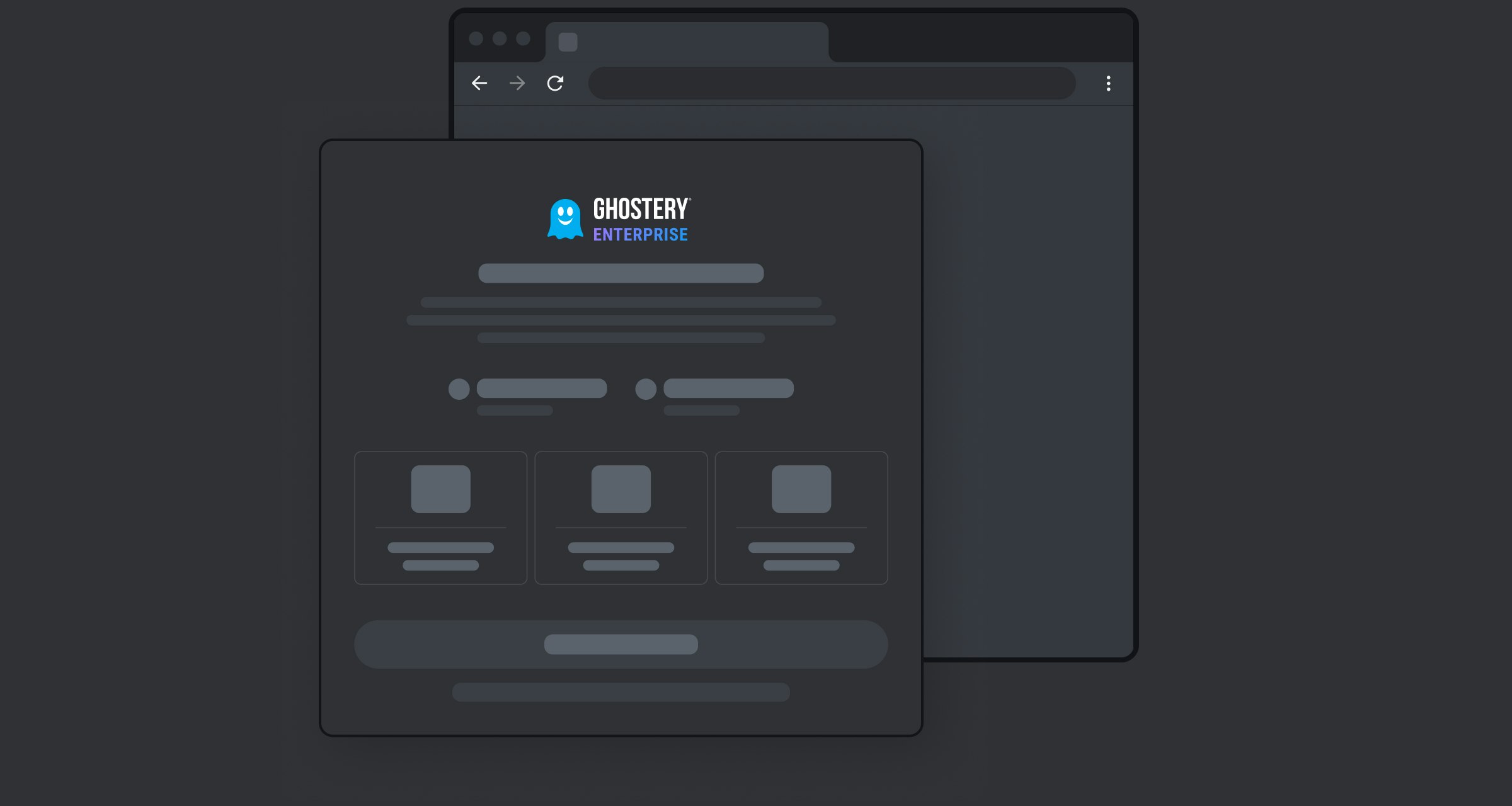 Ghostery Ptivate Browser displaying new tab window, mobile search results and tracking statistics.