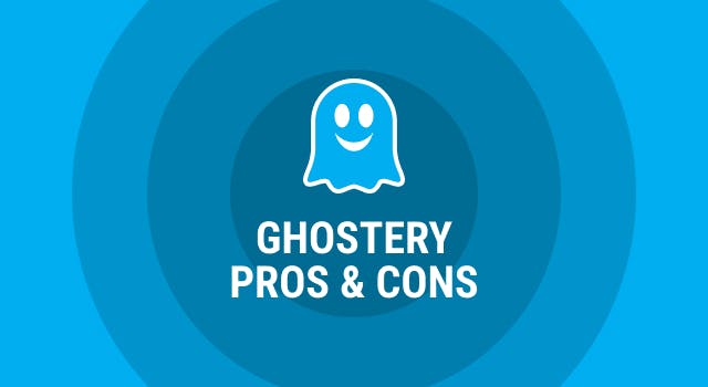 Ghostery logo on blue background with circles in different shades of blue, with text Ghostery pros and cons