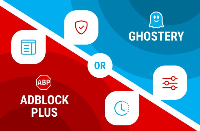 Adblock Plus and Ghostery logos and general settings icons