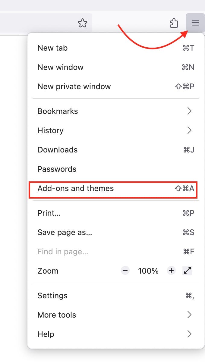Firefox toolbar and select Add-ons and themes