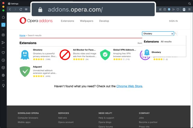 Opera Browser Window displaying Opera addons store