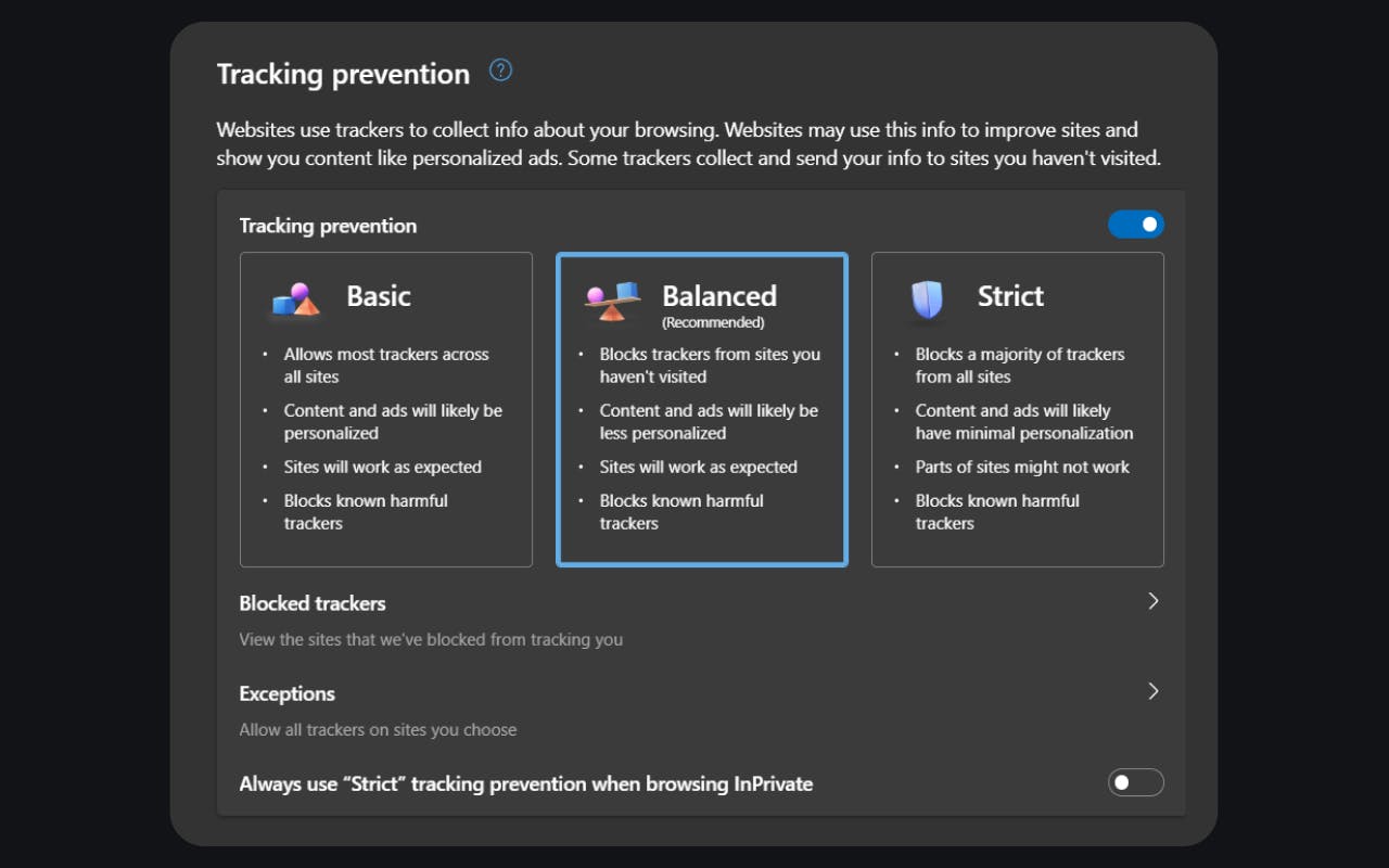 Screenshot of Edge tracking prevention settings.