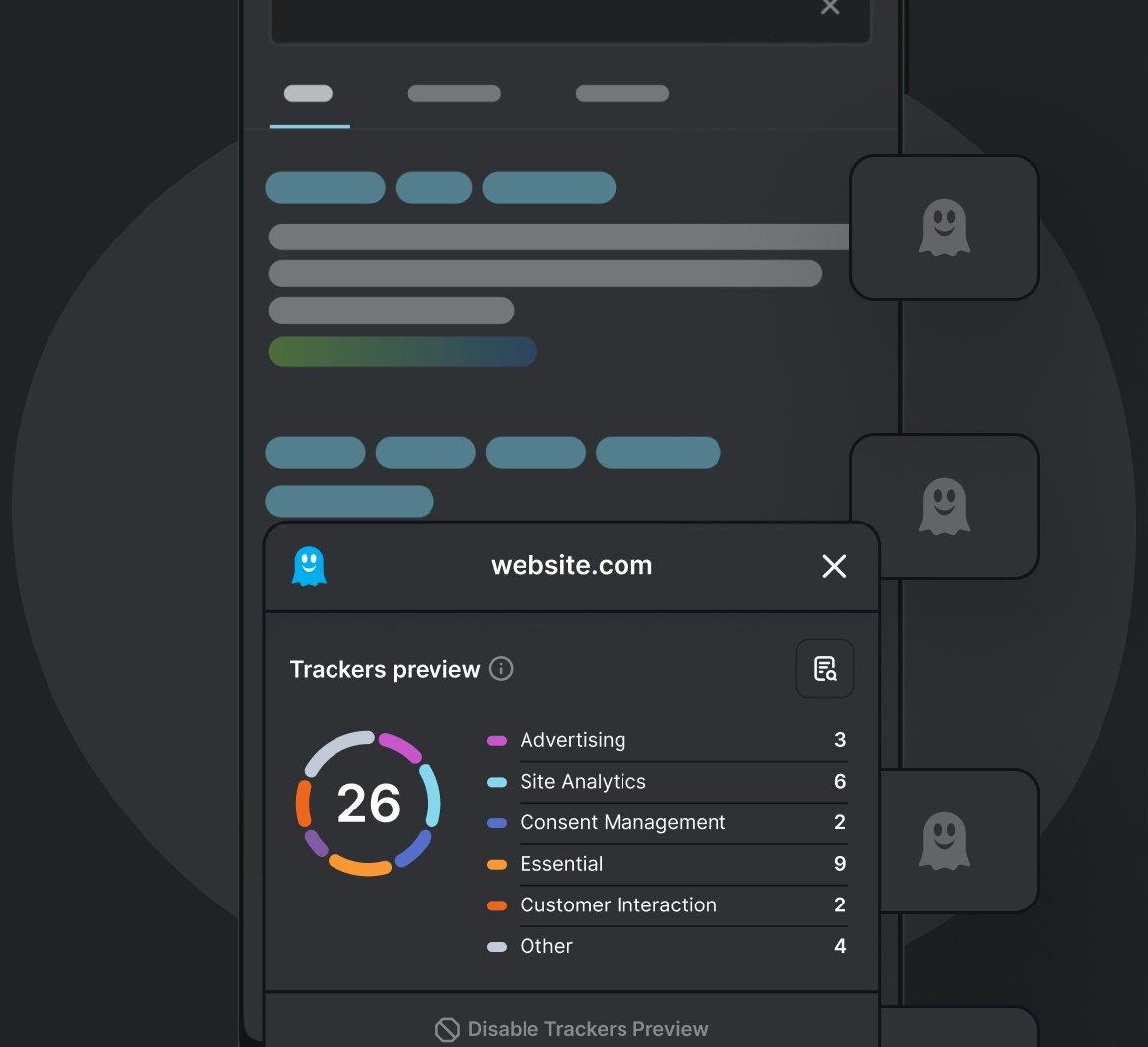 Sketched search engine result page within Ghostery Private Browser showing tracker information expecting you on the page to be visited - Android view