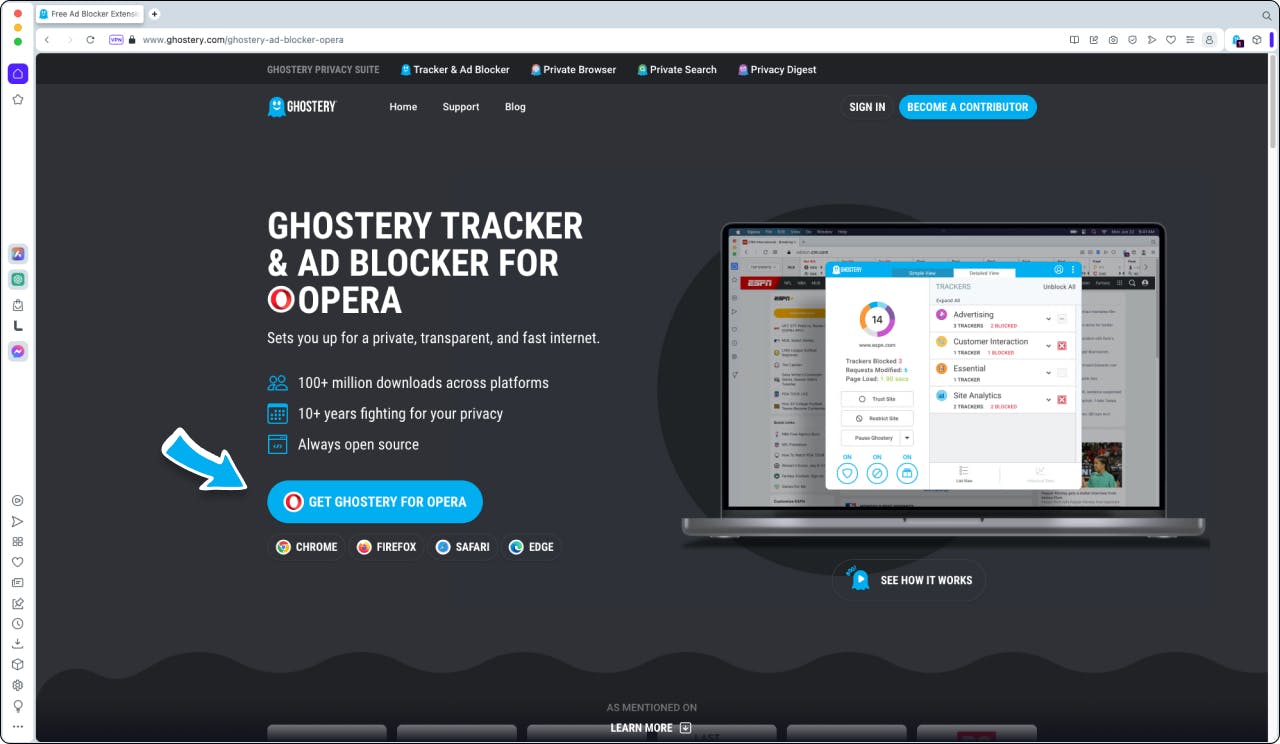 Shows Ghostery homepage to download Ghostery Tracker & Ad Blocker for Opera.