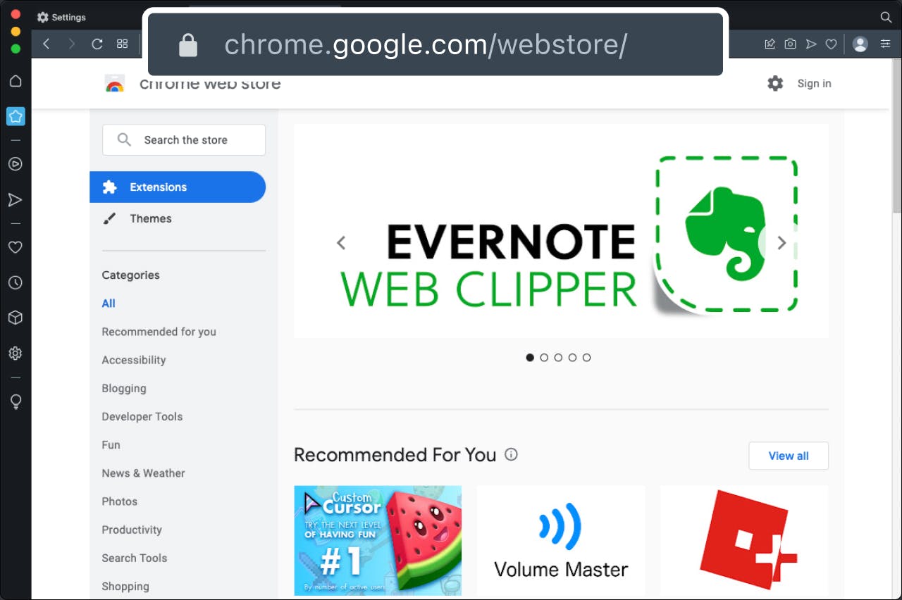 Opera Browser Window displaying Chrome webstore