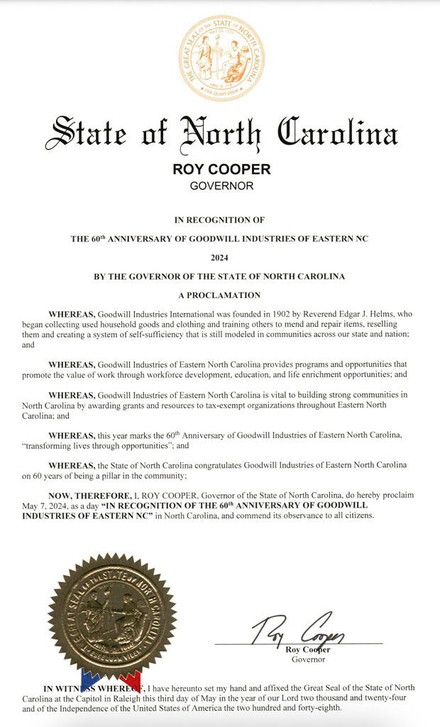 proclamation document from Gov. Roy Cooper recognizing GIENC's 60th anniversary