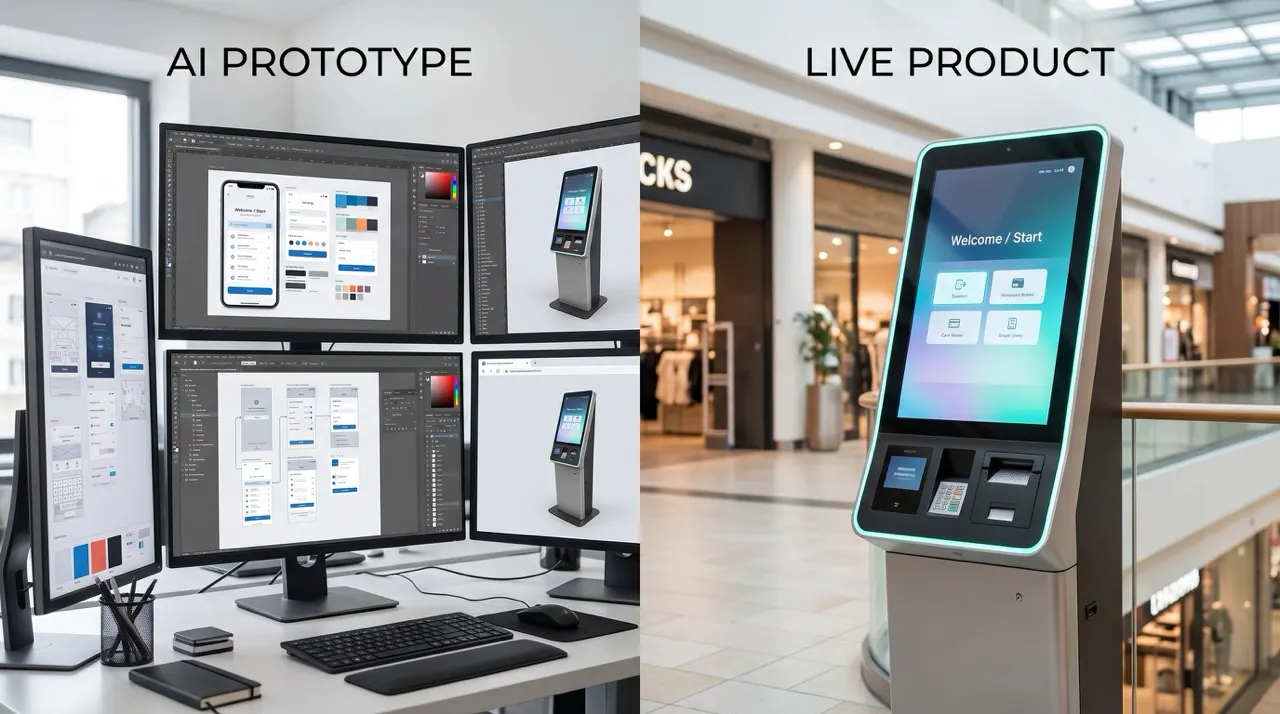 Un prototype sur le bureau d'un designer, à côté de la même interface en production sur une borne dans un centre commercial