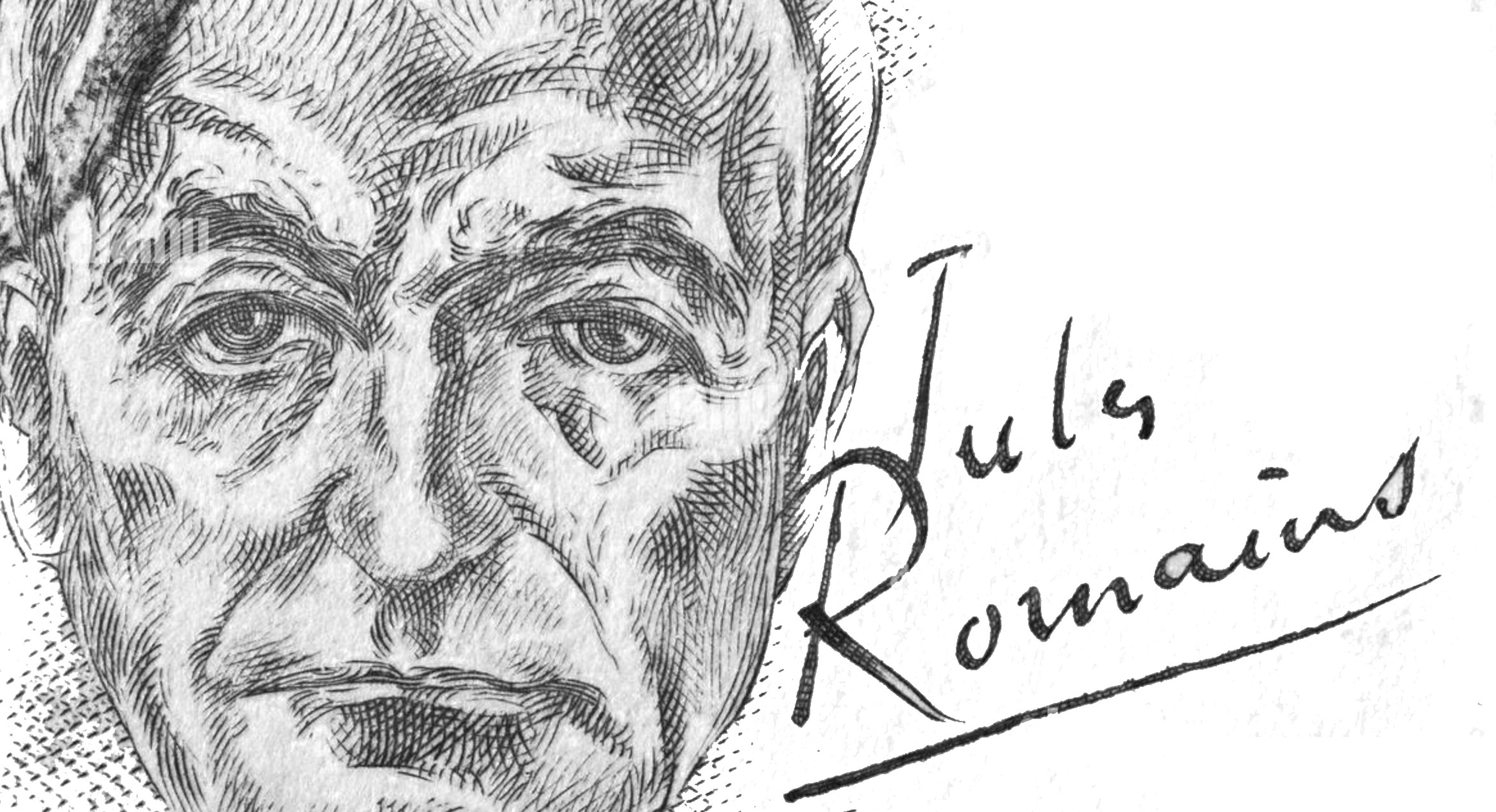 Croquis du visage de Jules Romains et copy de sa signature manuscrite