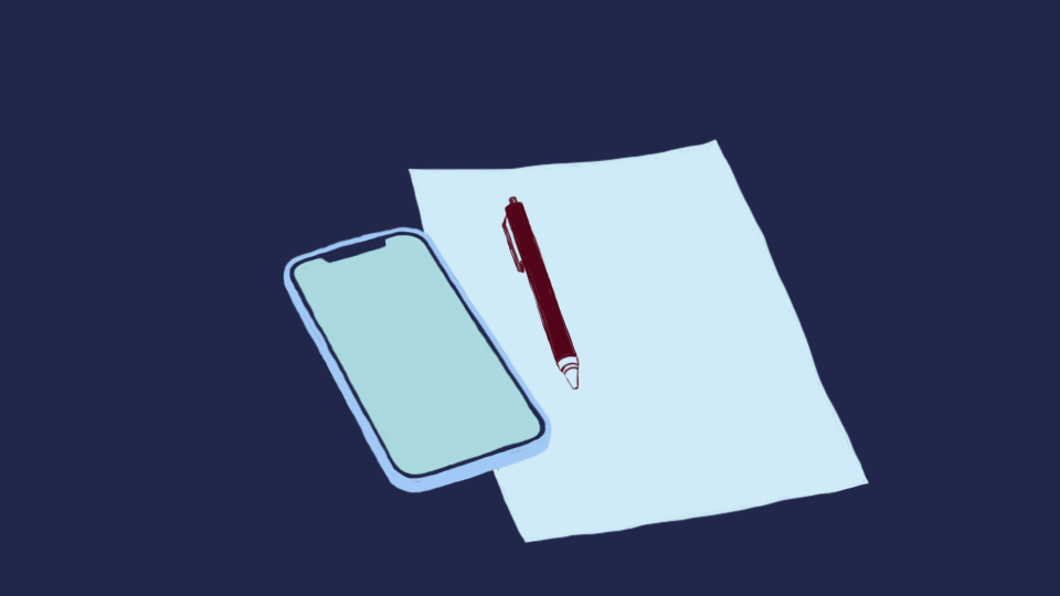 Illustration över en mobil, papper och penna