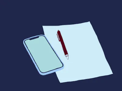 Illustration över en mobil, papper och penna