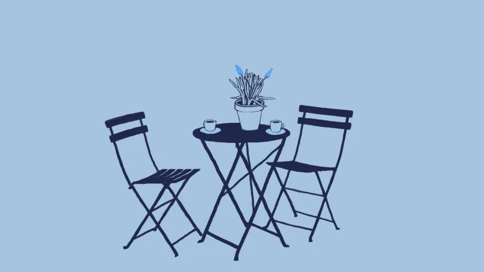 Illustration över balkongmöbler och kaffekoppar