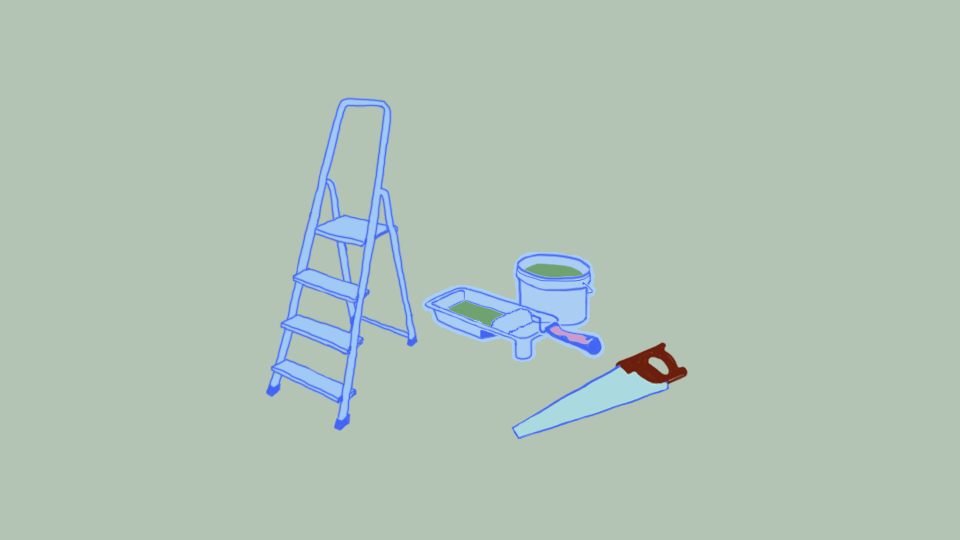 Illustration över målarfärg, en stege och en såg