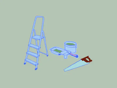Illustration över målarfärg, en stege och en såg