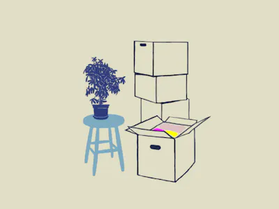 Illustration över flyttkartonger, en pall och en krukväxt