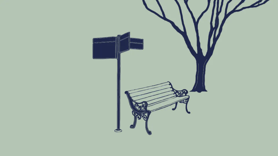 Illustration över parkbänk och gatuskylt