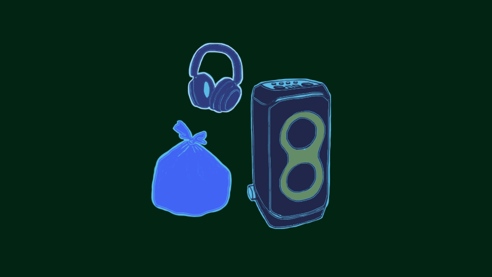 Illustration över högtalare och soppåse