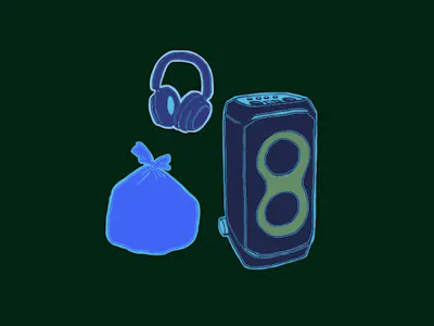 Illustration över högtalare och soppåse